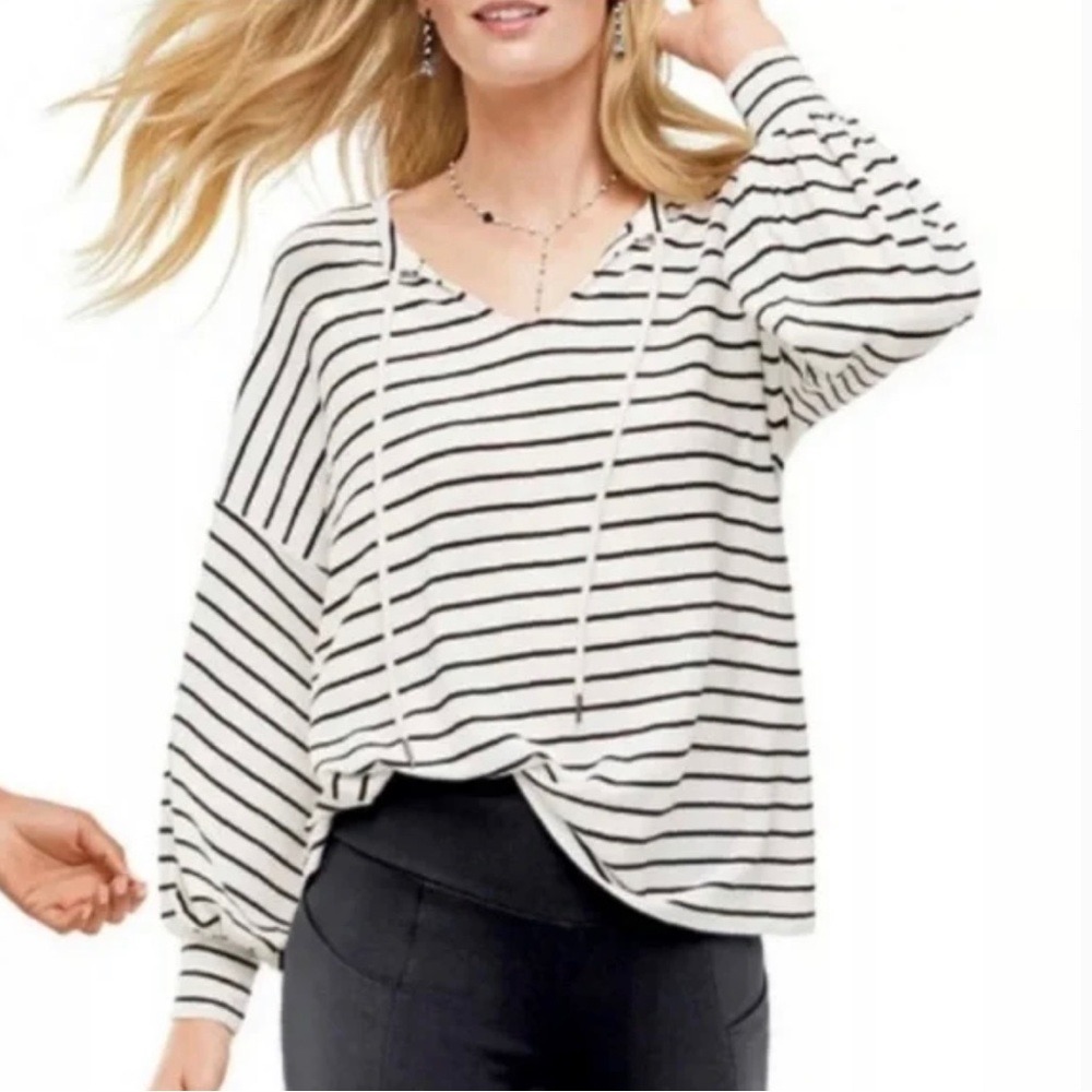Cabi Relax Game Day Striped Sweatshirt #5746 Balloon Sleeve White